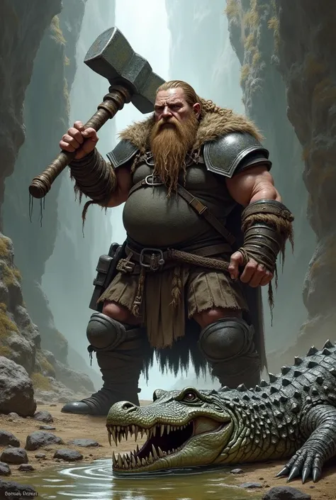 Dwarf from Lord of the Rings blowing the head off a crocodile man he just killed with a hammer 