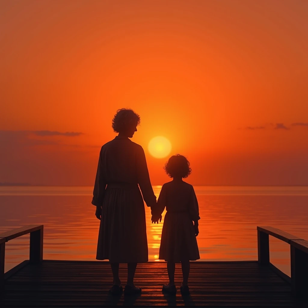 2 black silhouettes of an old woman and her daughter, on a pier in the sea looking towards a very orange sunset, beautiful