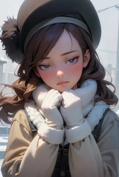 A beautiful girl with long brown curly hair wearing a knitted hat, denim shirt, and a fur coat in a snowy town during a blizzard, with a long scarf fluttering in the wind, fur mittens, and a flushed face with eye makeup shadows. The town is covered in snow...