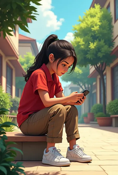 Fabiola is sitting in the courtyard of her school while looking at her phone, Fabiola is wearing a red polo shirt, brown pants and white sneakers, the drawing is 2d