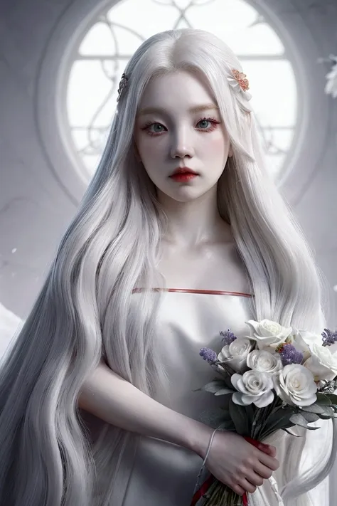 a woman with long white hair holding a bouquet of flowers, beautiful gray skin, pale porcelain white skin, red eyes and white dr...