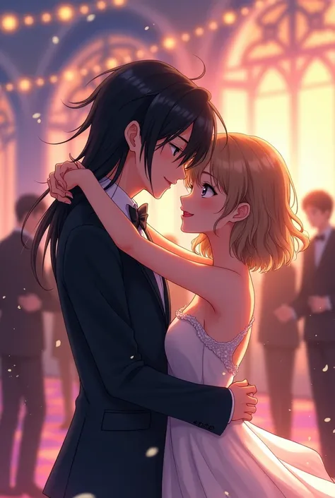 A girl with short, shoulder-length, light brown, wavy hair, light brown eyes, wearing a dress, hugging a boy with long, straight black hair, white eyes, in a suit, at a dance,Anime style 