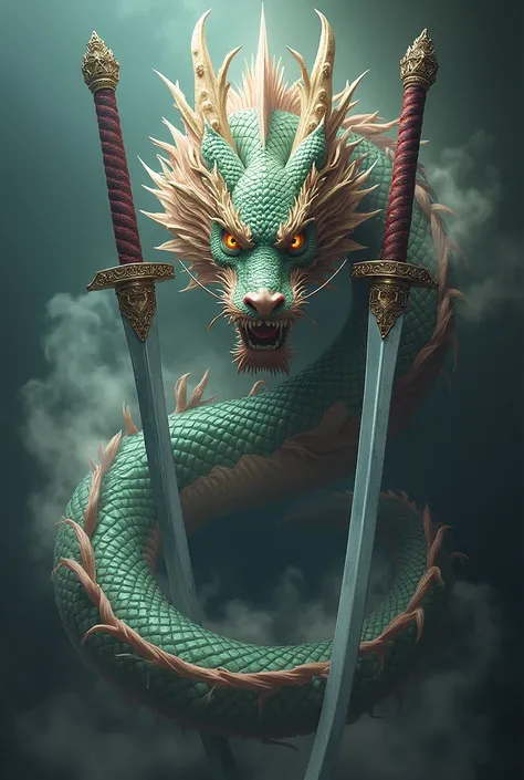 create a chinese dragon behind a katana and a nunchaku