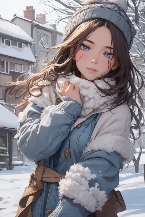 A beautiful girl with long brown curly hair wearing a knitted hat, denim shirt, and a fur coat in a snowy town during a blizzard, with a long scarf fluttering in the wind, fur mittens, and a flushed face with eye makeup shadows. The town is covered in snow...