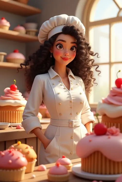 White attractive girl, big breasts. Pastry Chef. Pixar. Cute and nice. Lots of sweets and a big cake. A chef&#39;s jacket and a white chef&#39;s hat on his head. Hair curls into ringlets. 