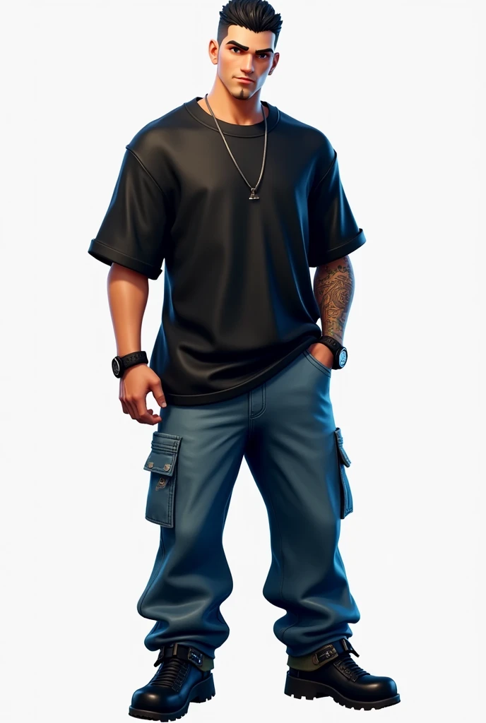 Create me a Fortnite skin with black hair, that are not long and a blue jeans that is baggy and a black, over size t-shirts with black shoes. The eyes are brown The figure is male