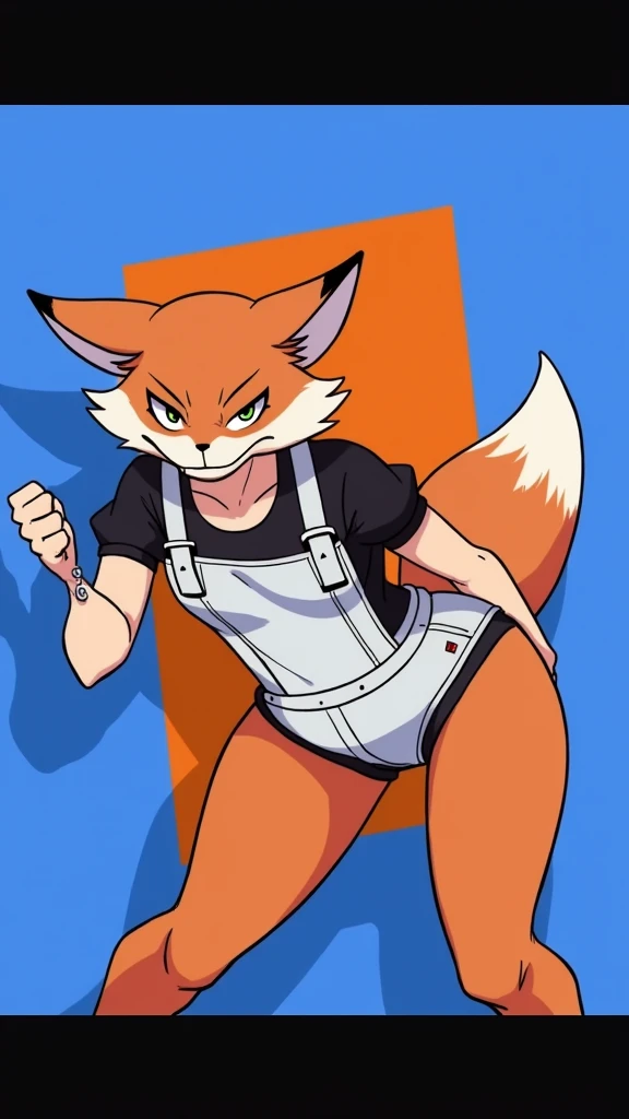 Femboy fox with a big ass, with the head is thin and elongated, keeping the fox traits, with a prominent snout and a sly, smiling expression. The visible ear is pointed, characteristic of foxes. The character has a bulkier body structure, especially in the...