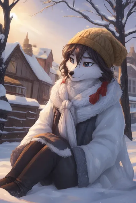 beautiful white fox girl with long brown curly hair, wearing a knitted hat, denim shirt, fur coat, long scarf fluttering in the wind, fur mittens, flushed face with eye makeup shadows, in a snowy town during a blizzard, town covered in snow with snowdrifts...