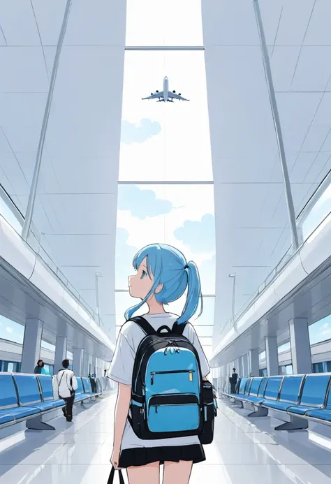 A girl with a backpack is at the airport，Light blue long hair、Twin tails 、My backpack is full of happy spring，Looking up at a big passenger plane、Simple lines，Minimalism，Abstraction，Lots of white space、