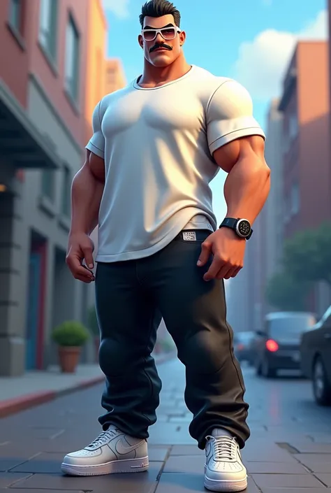 Create me a big, male Fortnite Skin With Black Hair, white glasses and light moustache, then a black baggy jeans, white shoes, preferably Air Force One from Nike and an oversize white T-shirt