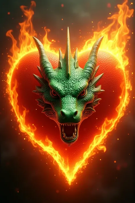 Heart with fire and inside a green profile dragon head