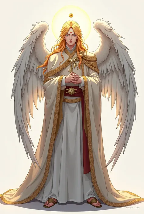 A young man, 20 years old, with long blonde hair, with an eye on the forehead, high, with three pairs of white wings, wearing a prince&#39;s outfit, full body, 2d drawing
