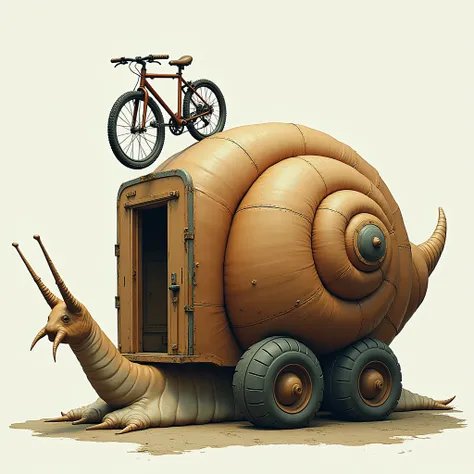 Giant snail with four wheels. The shell with door and windows as if it were a caravan. Behind the shell there is a bicycle rack with a bike.