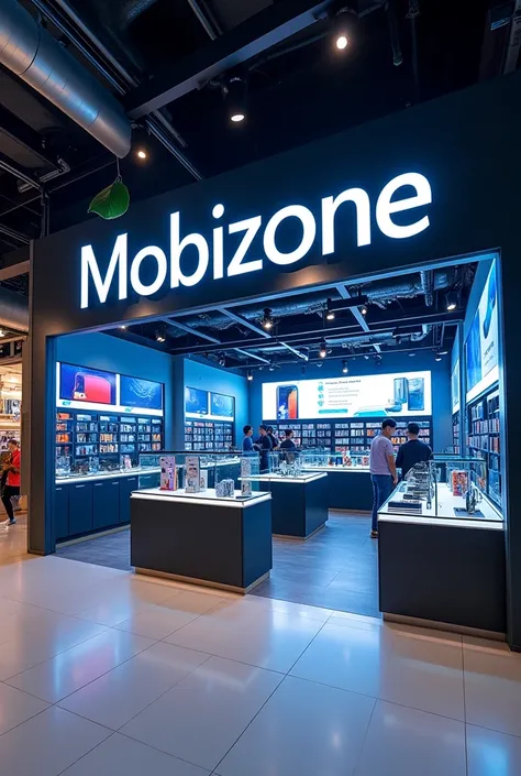 A cellphone shop in a shopping mall with a beautiful display which has gadgets and the cellphone shop name should be mobizone 