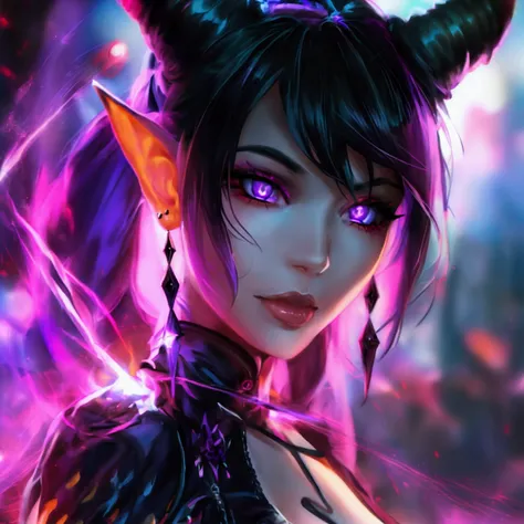 Female witch , sexy, bitch, xxx , assassin clothing, magic circle magenta fire, night light particircles, Earrings,Violet eyes, magenta ponytail,Pointed long ears, Sparkling effectSeductive smile, 