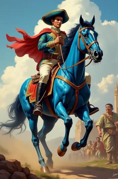 Simon Bolivar conquering Guatemala riding a blue horse, with something typical of Guatemala 
