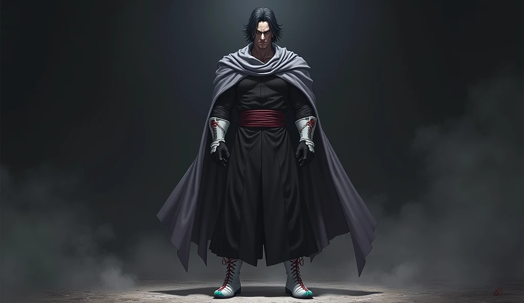 Goku black dressed in dark clothes with long gray sleeves and dark red belt with white and aqua boots from Konosuba