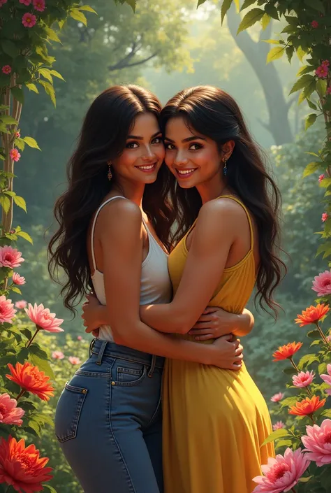 Selena Gomez and Selena Quintanilla hugging in a garden