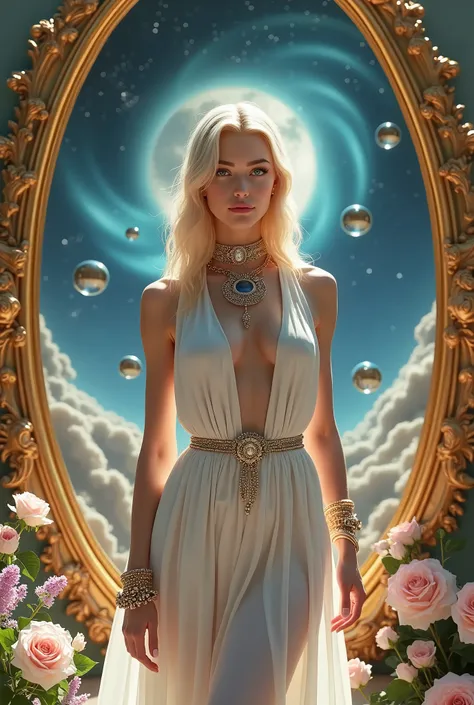  8K, ultra high definition, Stunning 20 years old European girl standing, watching her reflections from  golden mirror , behind the mystic portal deep space and  huge nebulas replaced , portal is made of roses ililac and sunflowers , fantastic, spherical m...