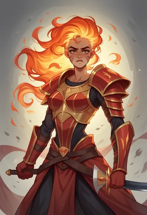 She has near-white, grayish hair, often disheveled from her adventures. Her eyes are a black, glowing in resonance with the holy sword she wields, the **Flaming Red One-Handed Sword**. The sword emits a fiery red light, and its hilt is adorned with flame-s...