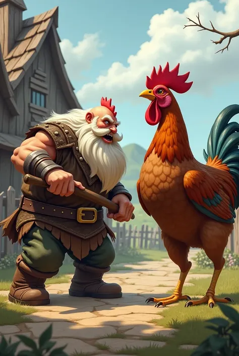 Dwarf fighting with a hen 