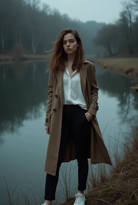 Young woman with brown hair wearing black pants and a white blouse and brown trench coat, sports shoes, stop near a dark lake 