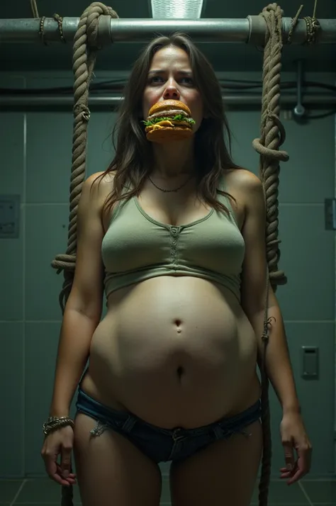 Girl strapped to ceiling metal pipe attached to her mouth feeding her burgers. Belly is huge from the excess amount of food. She looks scared