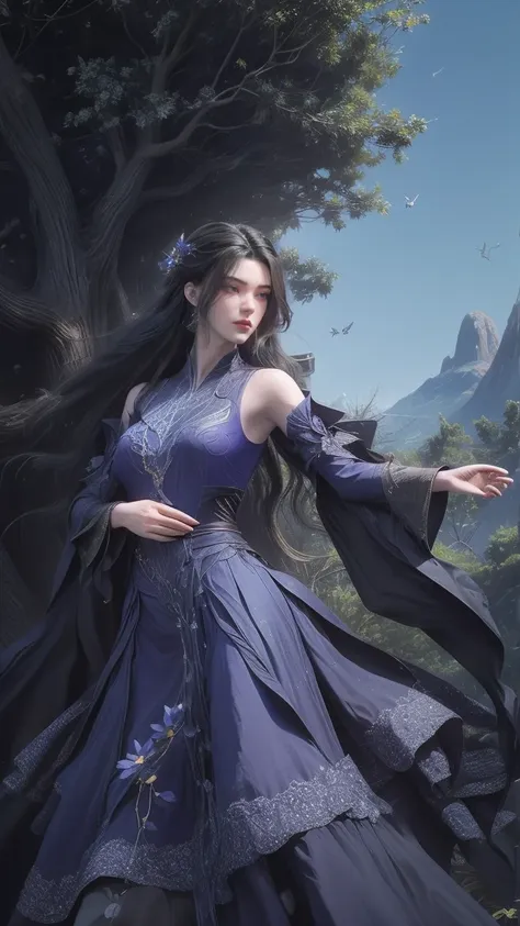 an animated image of a woman with long black hair and a long blue dress. she is standing on a rock that is surrounded by water. ...