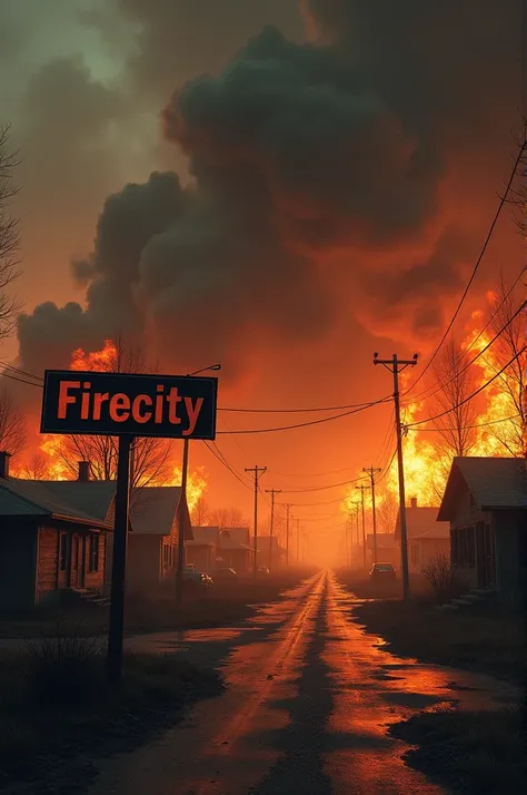 Create a realistic horror style image: small town on fire has a sign with the name of the town the name of the town is firecity