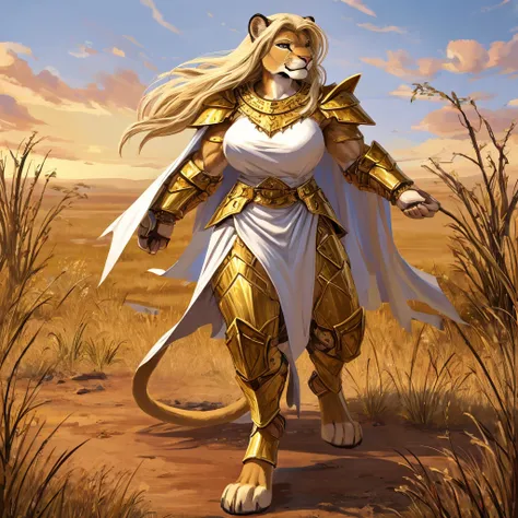 Anthro furry female lioness , full body , digitigrade legs , digitigrade legs , hair Blonde straight , hair Blonde straight, hair Blonde straight , Savanna  , breasts , white  peasant dress with Golden details , white peasant dress with Golden details , Go...