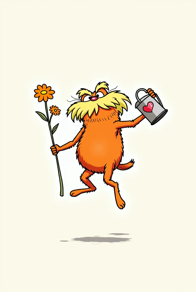 generates an image of the LORAX character (the orange one) with a watering can of flowers in his hand, watering some plants, that the LORAX and the watering can are just what appears in the image, that they do not have color only the lines of the drawing; ...