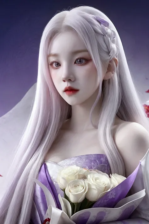 a woman with long white hair holding a bouquet of flowers, beautiful gray skin, pale porcelain white skin, red eyes, white and p...