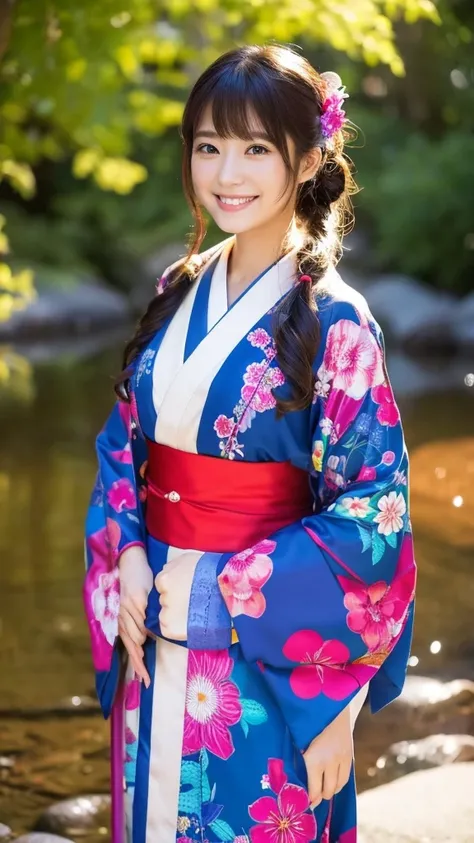 最high quality、high quality、Best image quality、Japanese Style、colorful、Vivid、The ultimate beauty、Kimono、Half-up hairstyle, High resolution, Anatomically correct, accurate, masterpiece, Reflected Light, Hairpin、Grin, Random Shot、Full Body Shot、Close Down