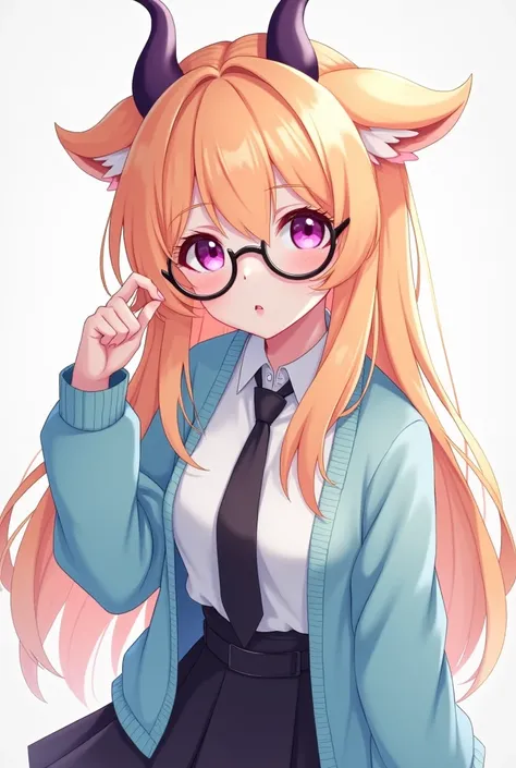 anime girl with light orange hair, magenta eyes, glasses and little, dark purple horns, wearing a light blue cardigan, a black tie and a black skirt.