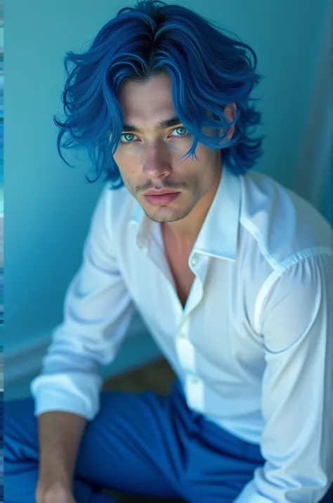 A man with sapphire blue hair. With sky blue eyes wearing a white shirt with blue pants and black shoes 