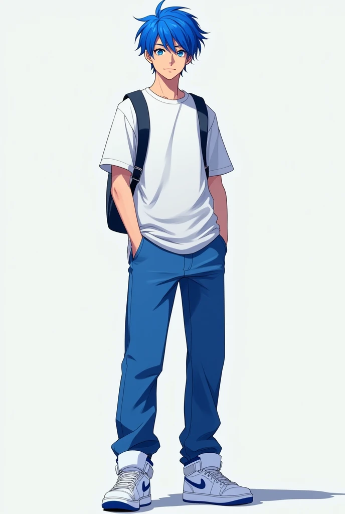 A man with sapphire blue hair. With sky blue eyes wearing a white shirt with blue pants and white Jordan tennis shoes with a small backpack on his back 