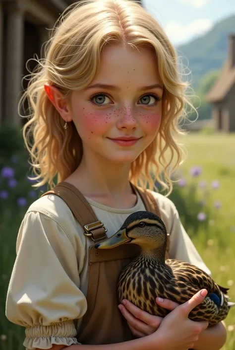 portrait of blond halfling adult woman with freckles in peasants clothes holding a mallard