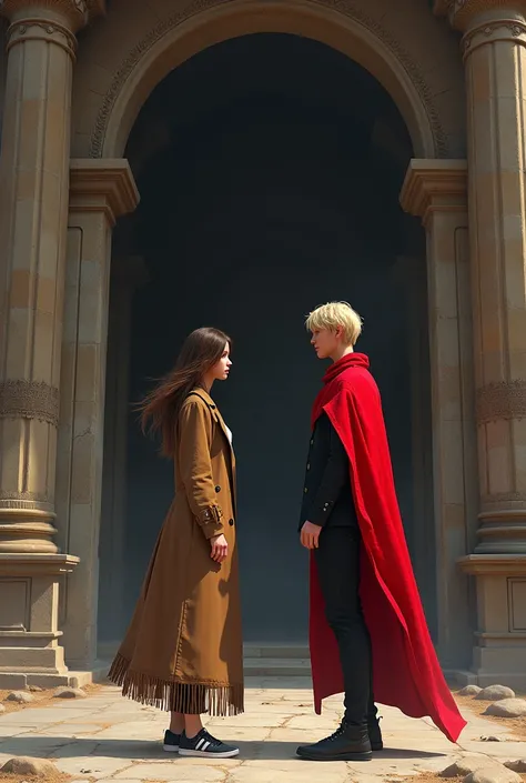 Young woman with brown hair wearing black pants and a white blouse and thick fringed trench coat in brown, sports shoes, stop at the entrance of a mystical temple, Ahead a young blond man with scarlet magic wearing a scarlet suit and cloak 