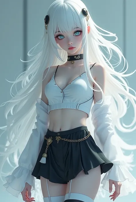 misaki she had white hair, blue crystal eyes, and she was albino because her skin color was like snow, she always wore very pretty Japanese makeup, details in the eyes, the perfect little face like an angel, she was wearing a short white shirt, short black...