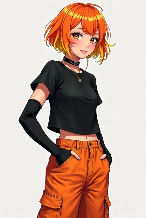 teenage girl in orange cargo pants, black short sleeve shirt, black tennis shoes, short black arm warmers, hair with orange and yellow highlights half up