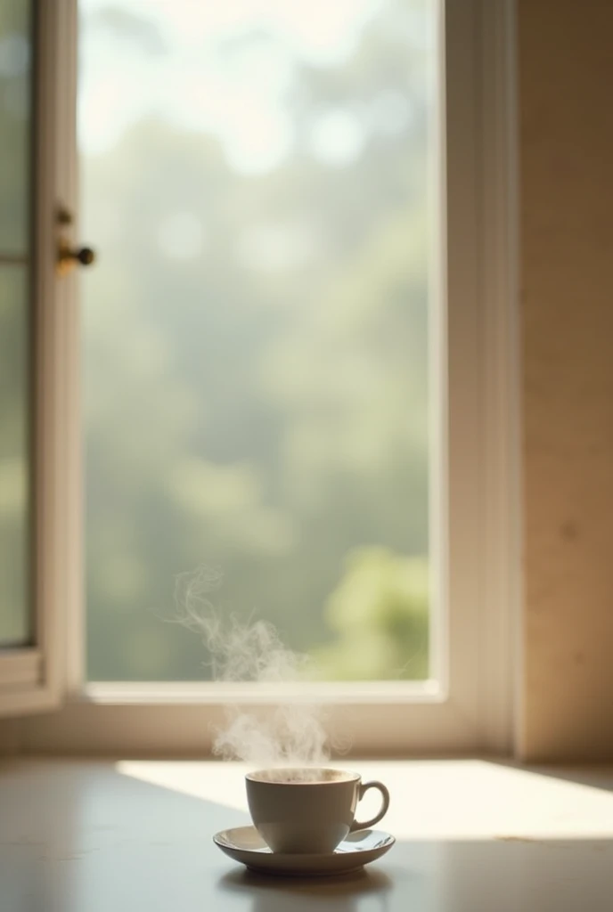 A minimalist video with a steaming cup of coffee on a table near an open window 