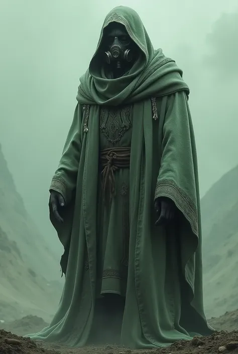 create a dark figure in shades of aged moss green and lead gray, this figure must be imposing, wearing a gas mask and a hood with long robes.