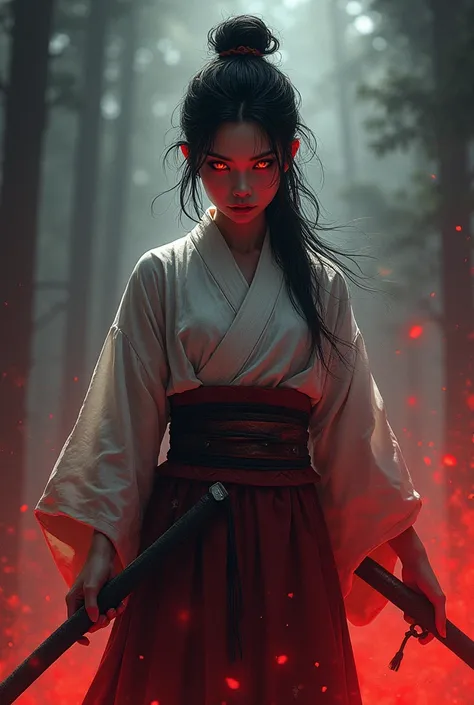 A young woman with crimson eyes and a hunter&#39;s kimanod with her katana and her breath is of blood

