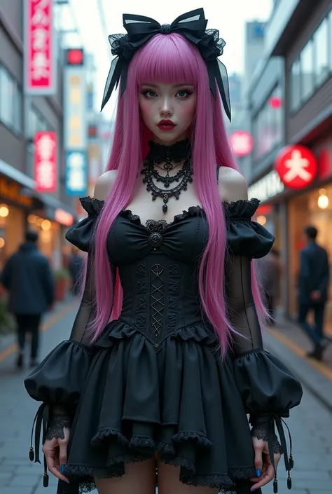 gothic lolita, adult woman, long colored hair, gothic dress, em harajuku, many accessories, socks in shoes, doll style, Gothic, lolita style, neutral expression 