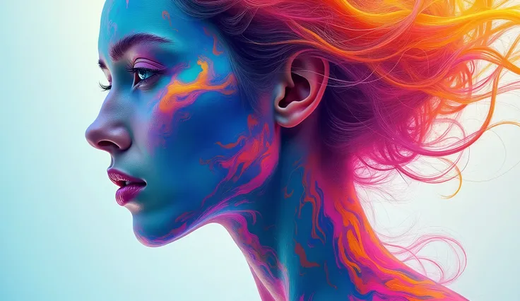 A hyper-realistic, abstract portrayal of a woman, her form composed of vibrant, swirling colors that blend together to create a captivating visual effect. She is facing slightly to the side, her profile highlighted by the intricate layers of vivid hues—blu...