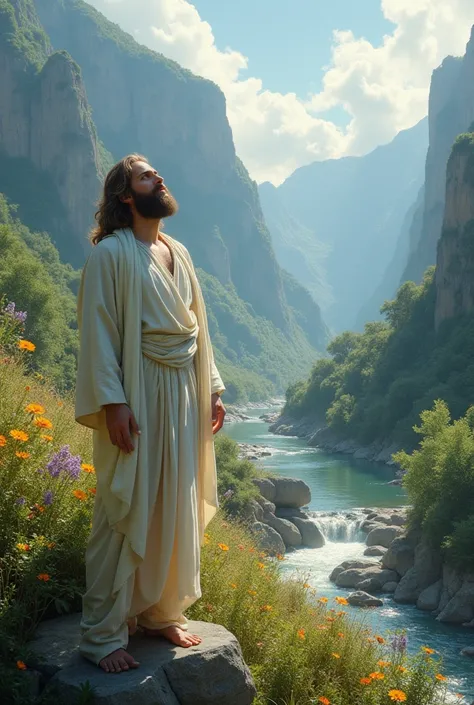 Create images of Jesus on a green mountain with a river running through it with lots of flowers and plants 