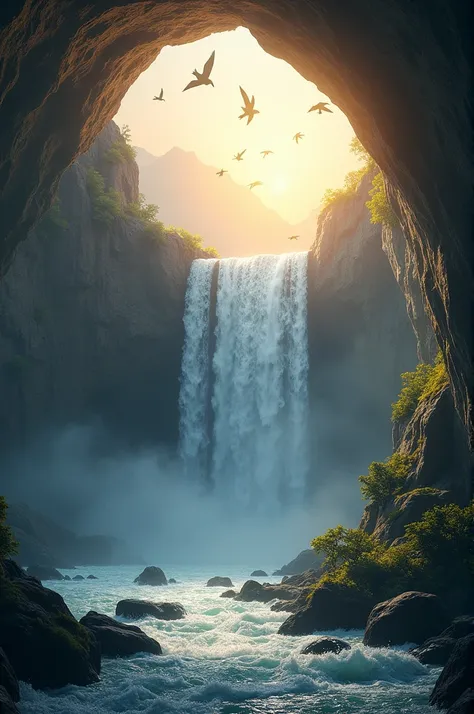 Waterfall falling into a cave , birds are circling around , the dawn is coming 