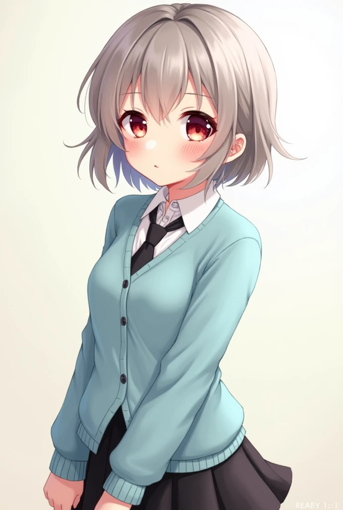 anime girl with short, grayish brown hair, big, red eyes and freckles, wearing a light blue cardigan, a black tie and a black skirt