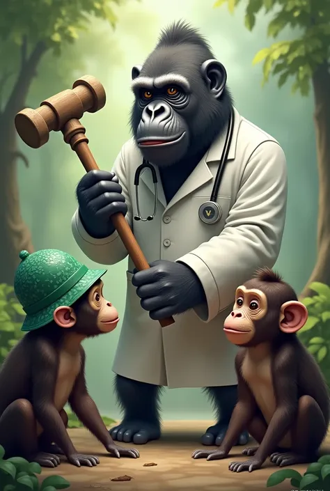 Gorilla dressed as a doctor with a hammer in a monkey and a macaque with a green hat