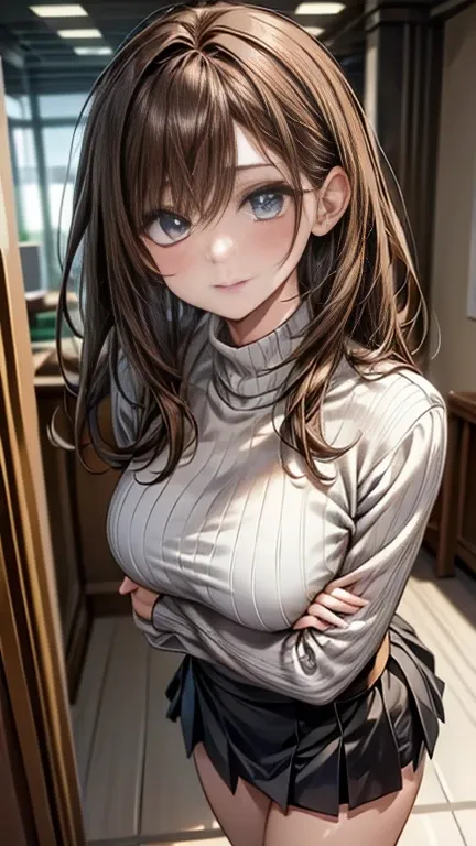 ((masterpiece)), ((Best Quality)), (Very detailed), ((Very detailed)), 4K, (8k), Best Quality, (beautiful), Anime Style, Upper Body, Looking up from below, Full Body Focus, In the photo studio, pretty girl, One girl, Alone, (Down jacket, turtleneck, mini s...